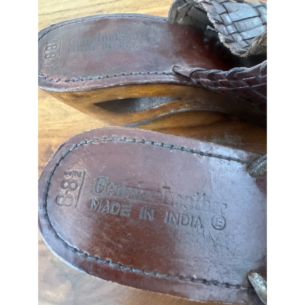 Vtg 70s Y2K Wood Leather Woven Clog Mule Slide Sandal Cutout Heel Hippie Boho 8 - Picture 3 of 8